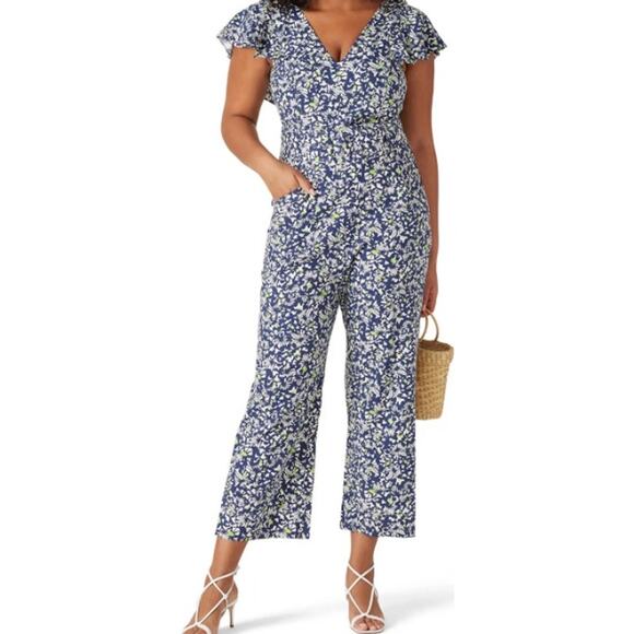 Tanya Taylor Avalon Jumpsuit Linen Blend Short Sleeve V-Neck Floral Navy 8